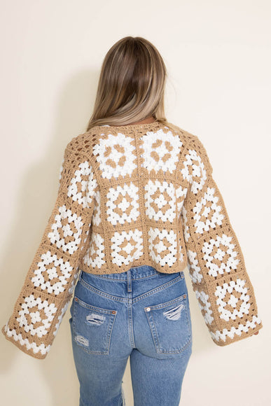 Granny Square Crochet Cropped Cardigan for Women in  Beige/White