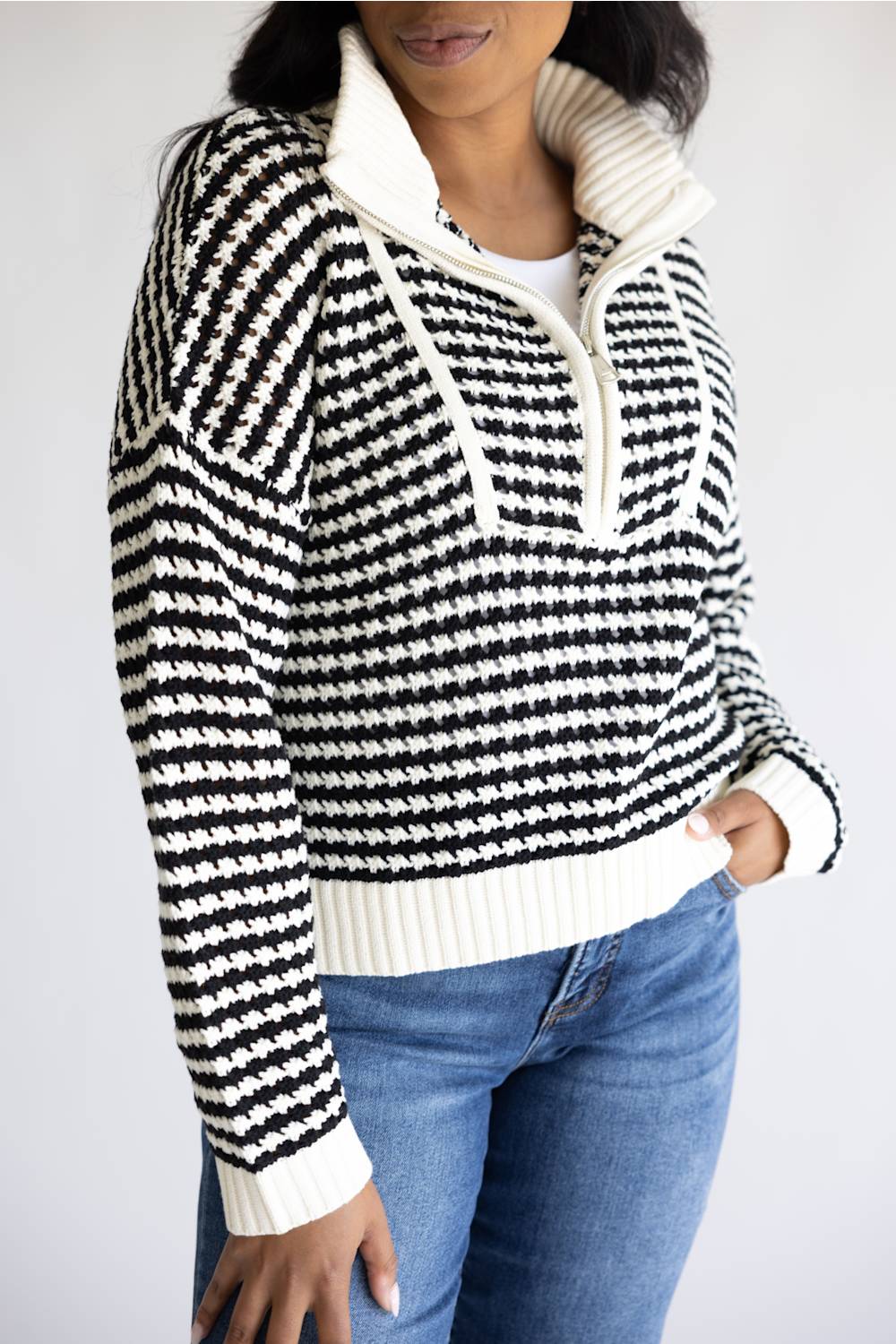 Elan Half Zip Open Knit Sweater for Women in Black