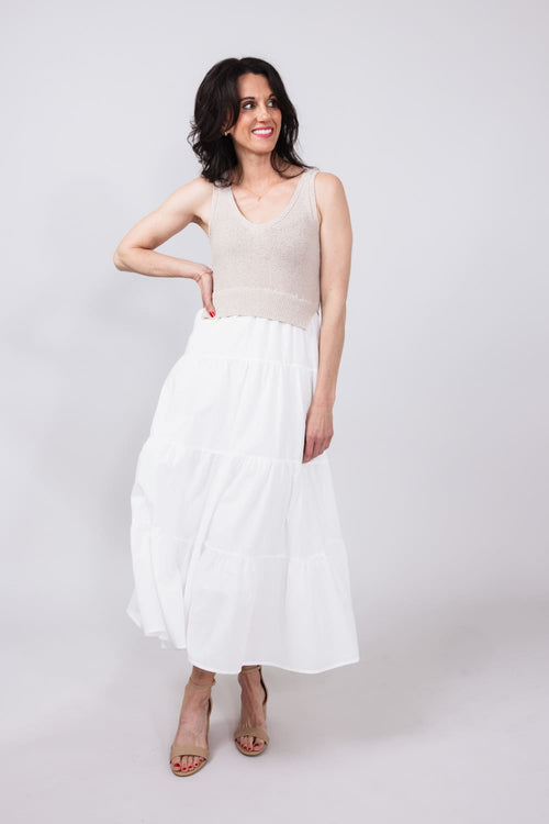 elan dress Women's Sweater Combo Tiered A-Line - White Beige this piece features a NWT + AS IS Size:11-UK Blue & White Cutout
