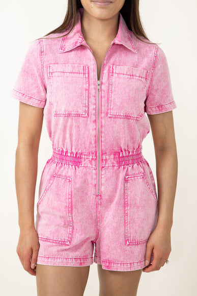 Elan Washed Denim Front Zip Romper for Women in Pink 