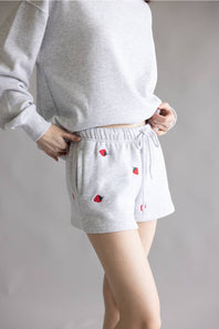 Embroidered Strawberry Fleece Shorts for Women in Ice Grey