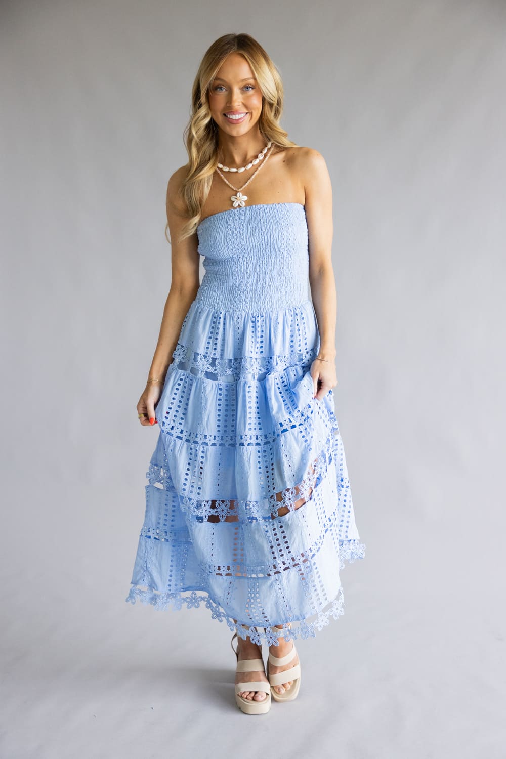 Eyelet Lace Strapless Midi Dress for Women in Blue