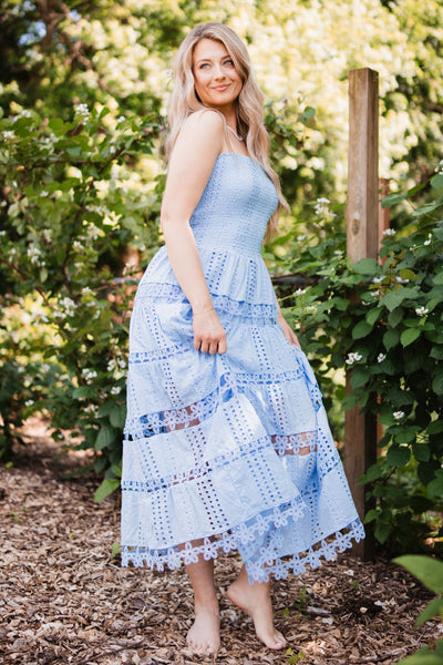 Strut & Bolt Eyelet Strapless Midi Dress for Women in Chambray Blue at Glik's , L