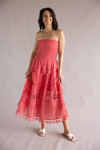 Eyelet Lace Strapless Midi Dress for Women in Coral
