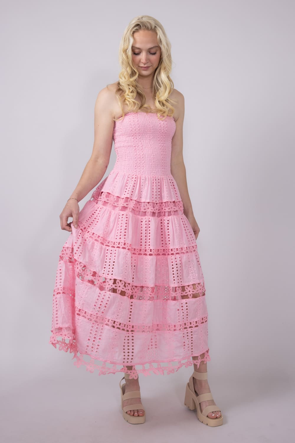 Eyelet Lace Strapless Midi Dress for Women in Pink