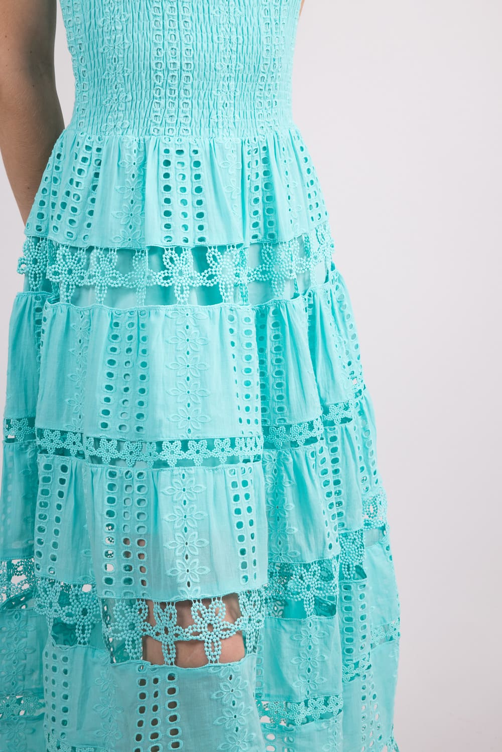 Strut & Bolt Eyelet Strapless Midi Dress for Women in Tiffany Blue | D Glik's Strut & Bolt Eyelet Strapless Midi Dress for Women in Tiffany Blue | D Glik's