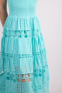 Eyelet Lace Strapless Midi Dress for Women in Tiffany Blue