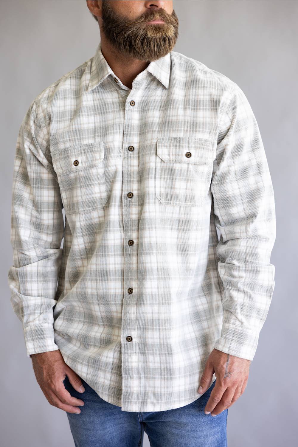 1897 Legends Corduroy Reverse Plaid Flannel Shirt for Men in Ecru Olive | F13004-ECRUOLIVE