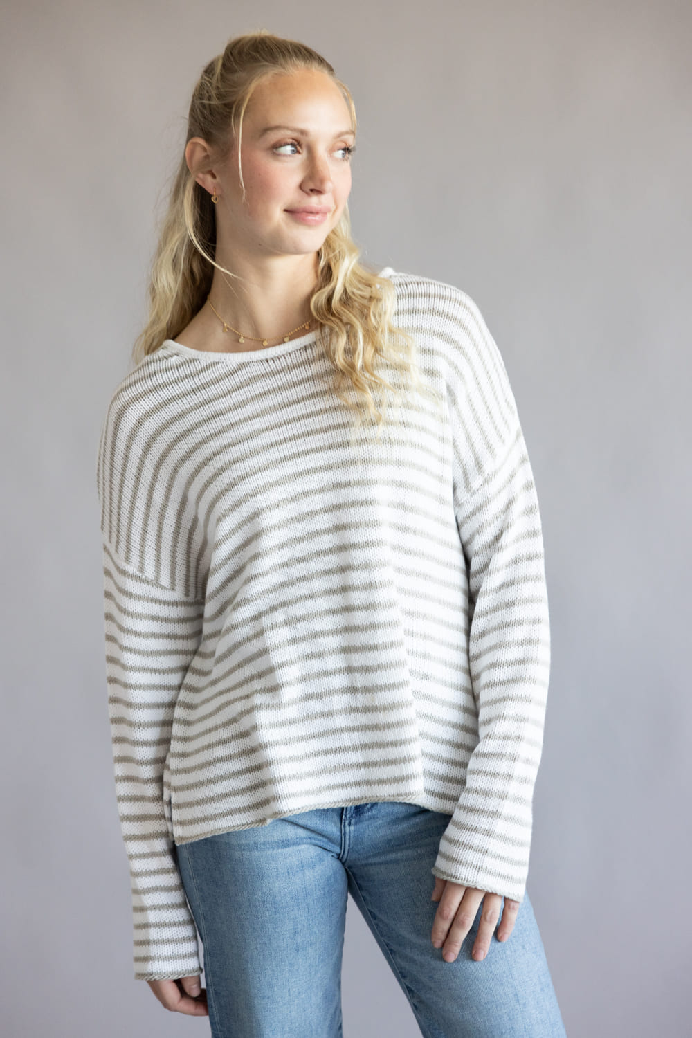Miracle Lightweight Gauge Stripe Sweater for Women in Ivory/Silver