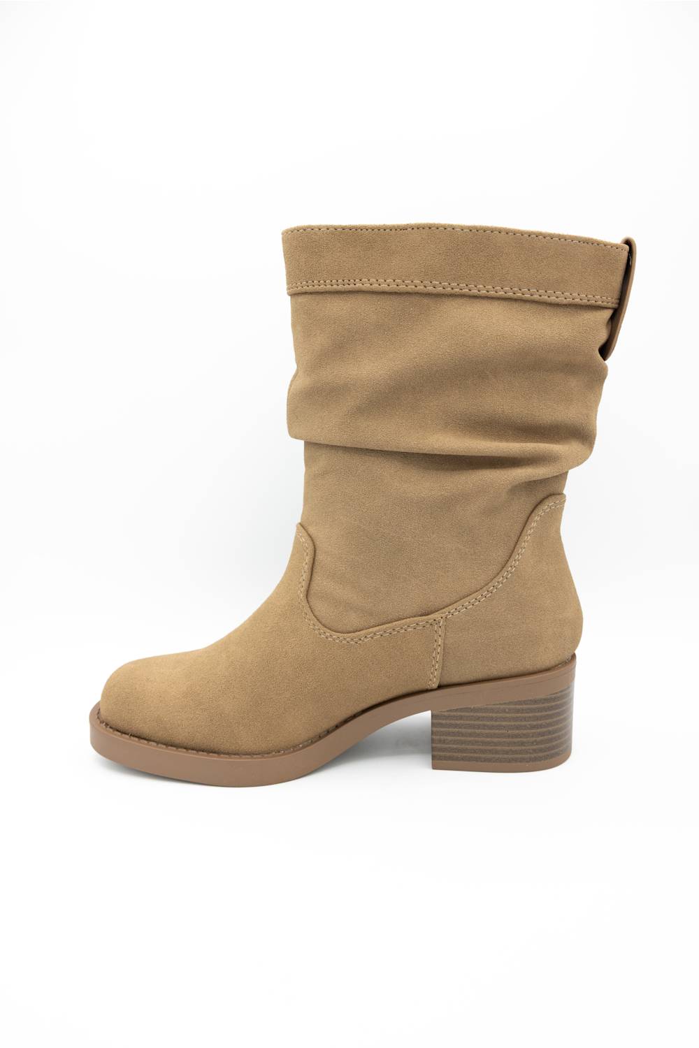 A single mid-calf ankle boot in tan suede, shown from a side profile against a plain white background.