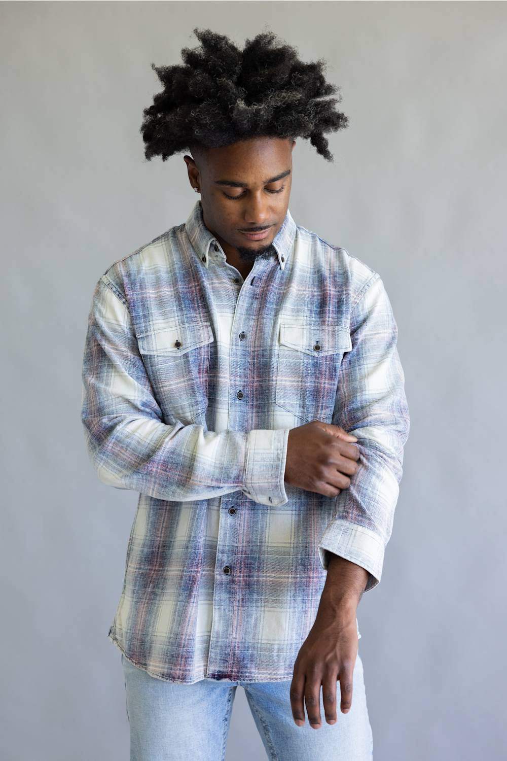 FX Fusion Washed Plaid Flannel Shirt for Men in Ecru/Indigo