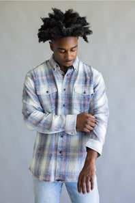 FX Fusion Washed Plaid Flannel Shirt for Men in Ecru/Indigo