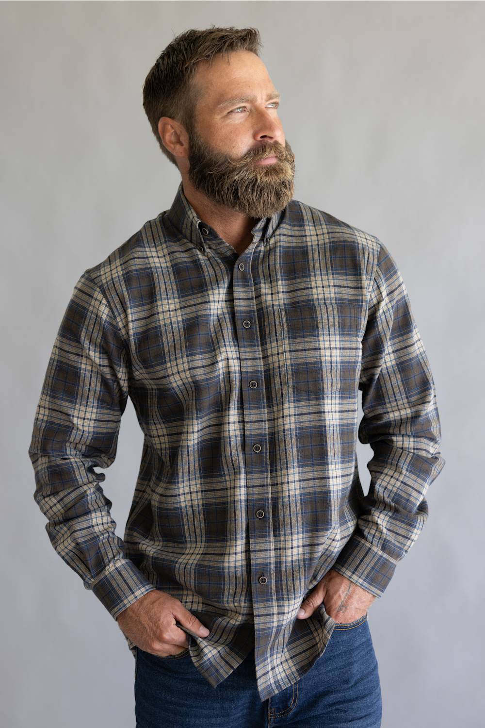 Brown and blue button down flannel shirt with long sleeves