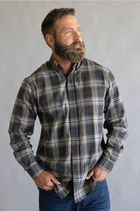 Brown and blue button down flannel shirt with long sleeves