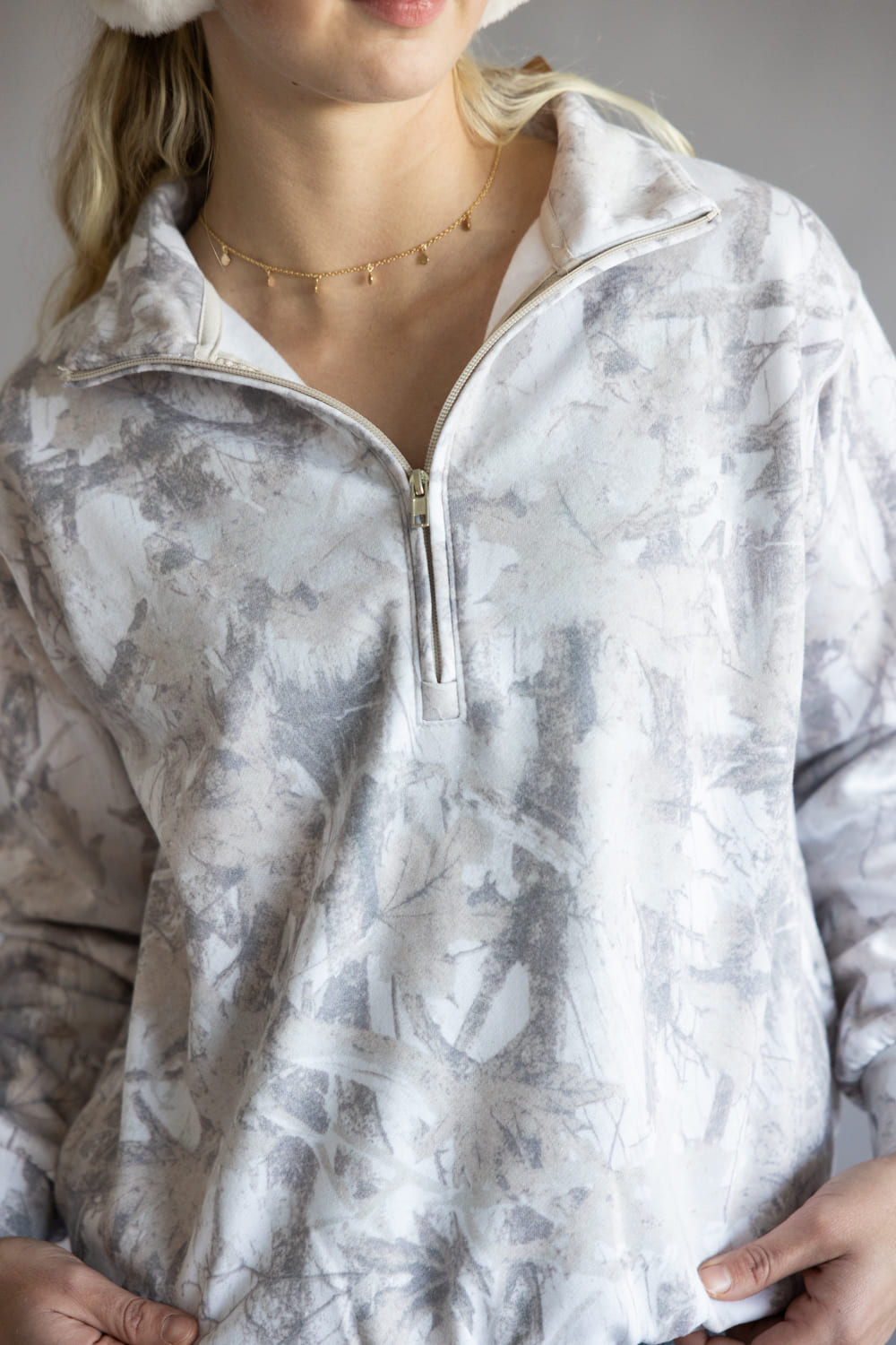 Fleece Half Zip Sweatshirt for Women in Cream Camo