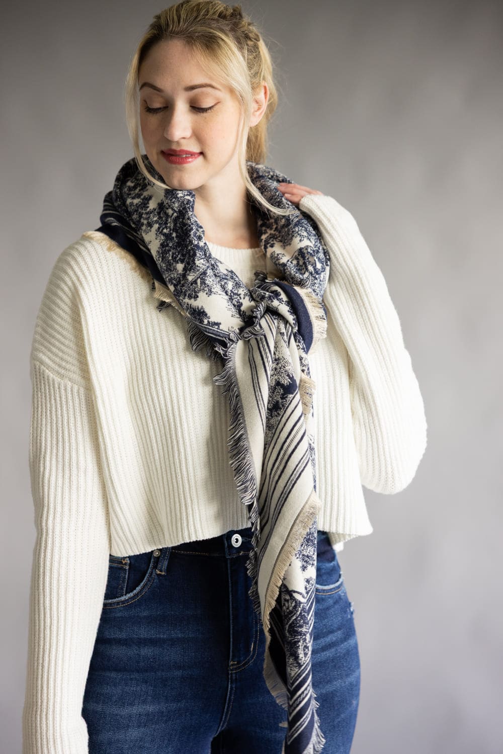 Floral Print Silk Scarf for Women in Navy