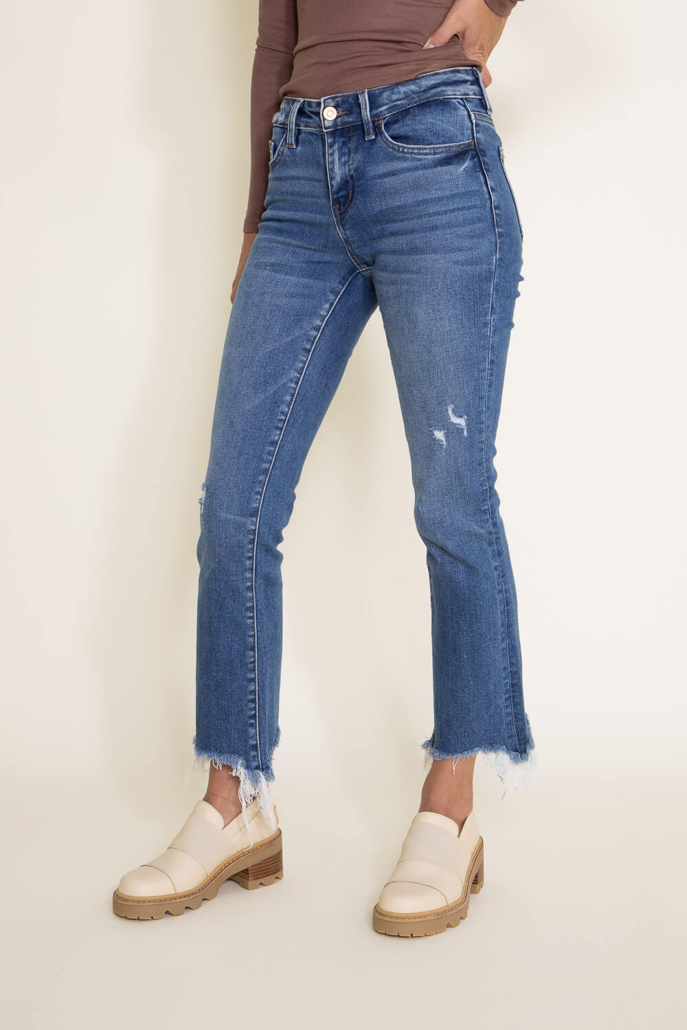 Flying Monkey Mid-Rise Destructed Hem Crop Bootcut Jeans for Women