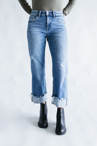 Flying Monkey Mid-Rise Raw Cuffed Hem Slim Wide Leg Jeans for Women