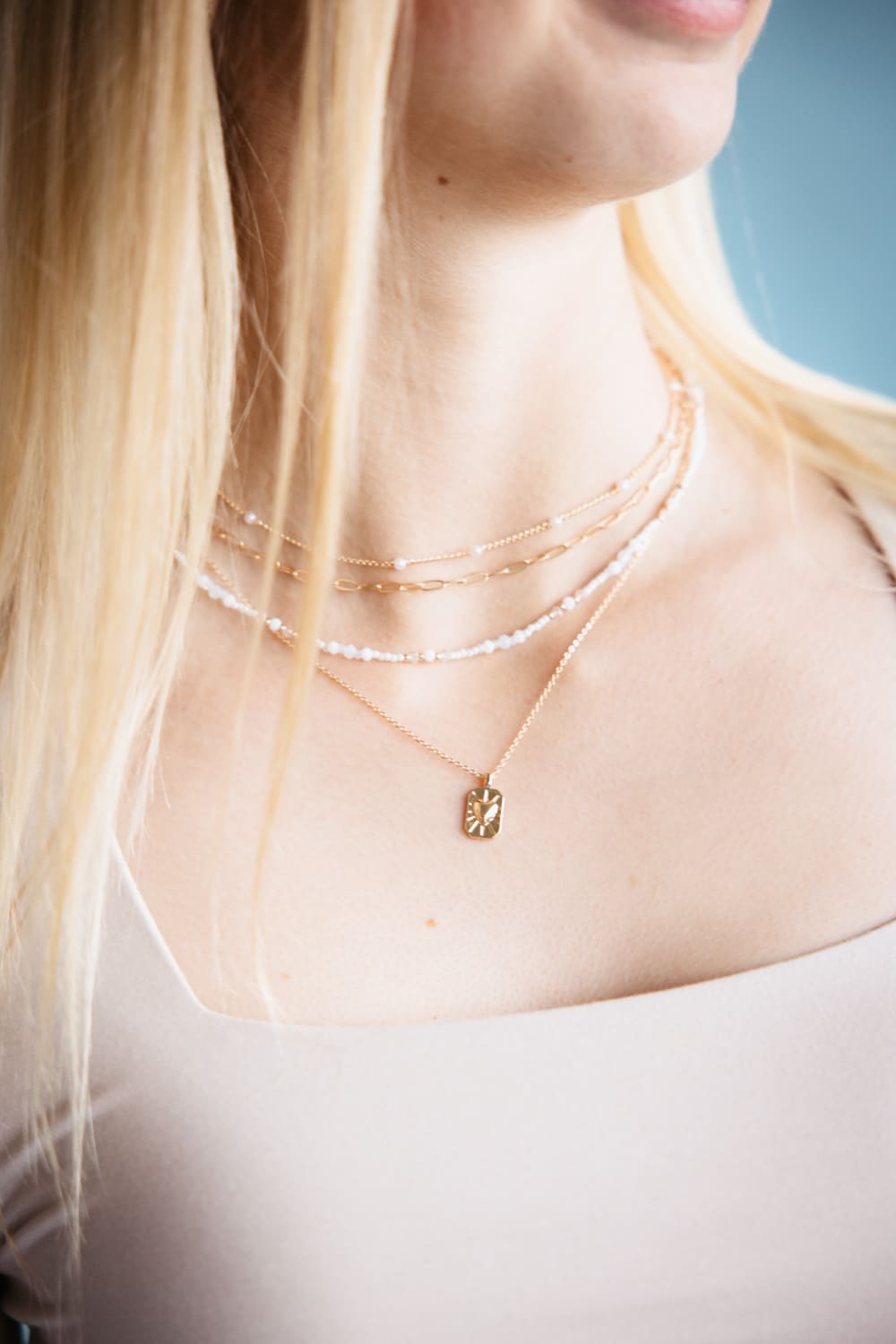 Four Layer Pearl Charm Necklace Set in Gold