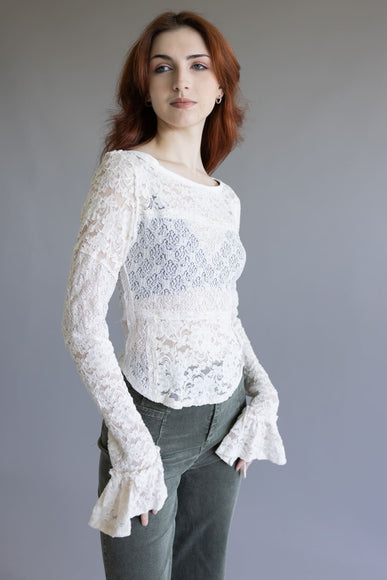 Free People Lace Bell Sleeve Sheer Cotton Blend Top for Women in Clean Ivory