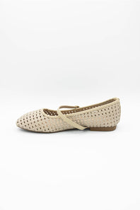 A single women's woven flat shoe in a light beige or cream color, shown from a side profile view against a plain white background.