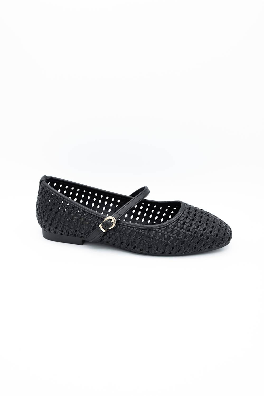 Image of a singular woven flat with a  strap across the ankle 