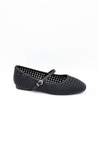 Image of a singular woven flat with a  strap across the ankle 