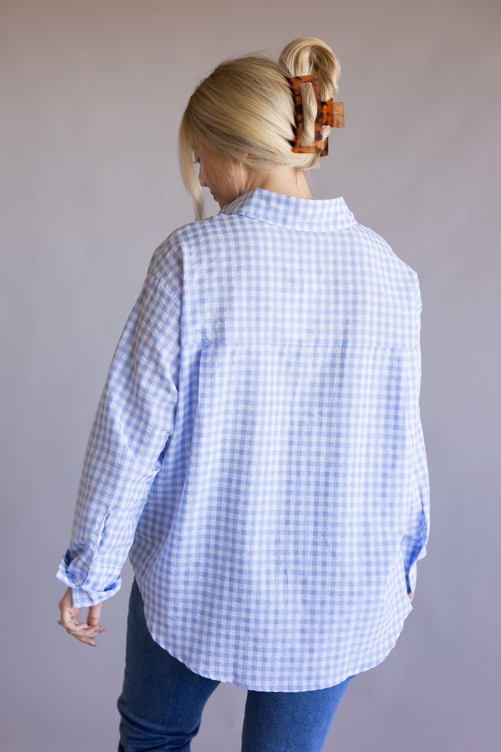 Gingham Oversized Button Up Shirt for Women in Light Blue