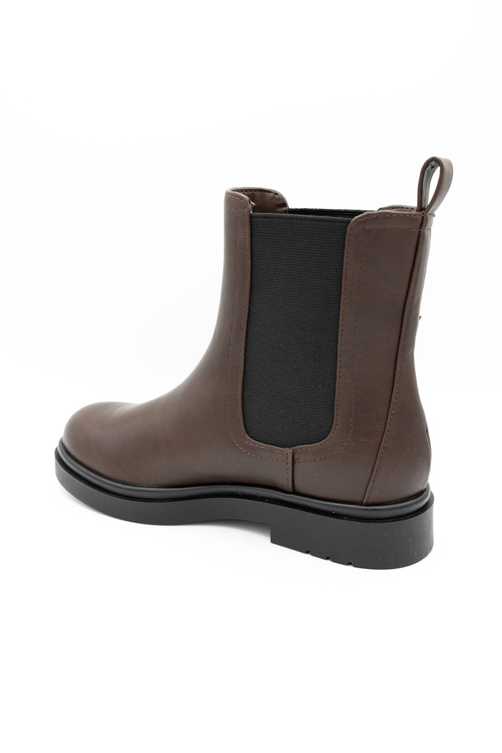 A dark brown leather Chelsea boot with a black elastic side panel and a black sole, shown from a three-quarters rear angle on a white background.