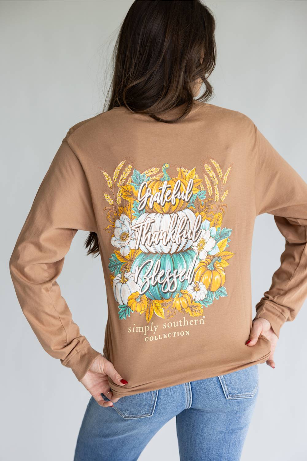 Simply Southern Thankful Long Sleeve T-Shirt for Women in Chestnut | LS-THANKFUL-CHSTNT