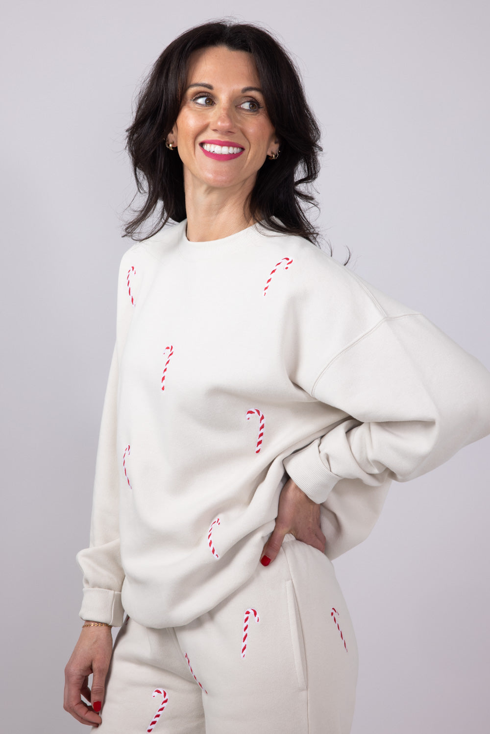 1897 Active Candy Cane Embroidered Fleece Sweatshirt for Women in Beige