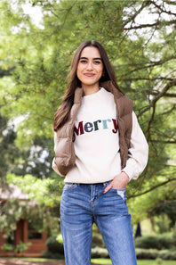 1897 Active Merry Chenille Patch Mock Neck Sweatshirt for Women in Beige