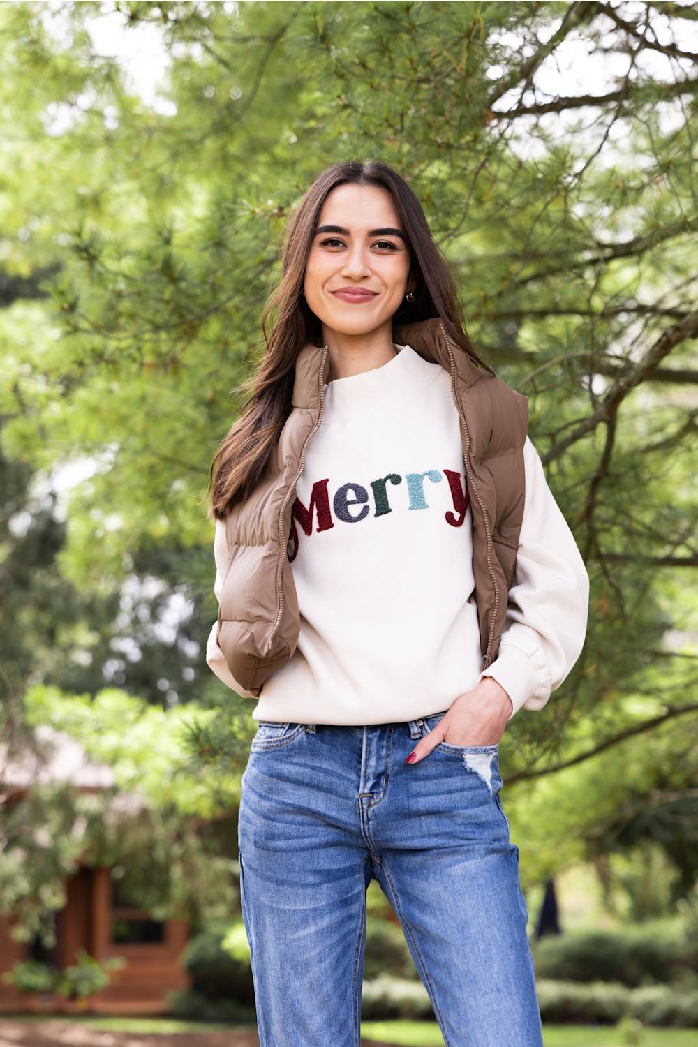 1897 Active Merry Chenille Patch Mock Neck Sweatshirt for Women in Beige