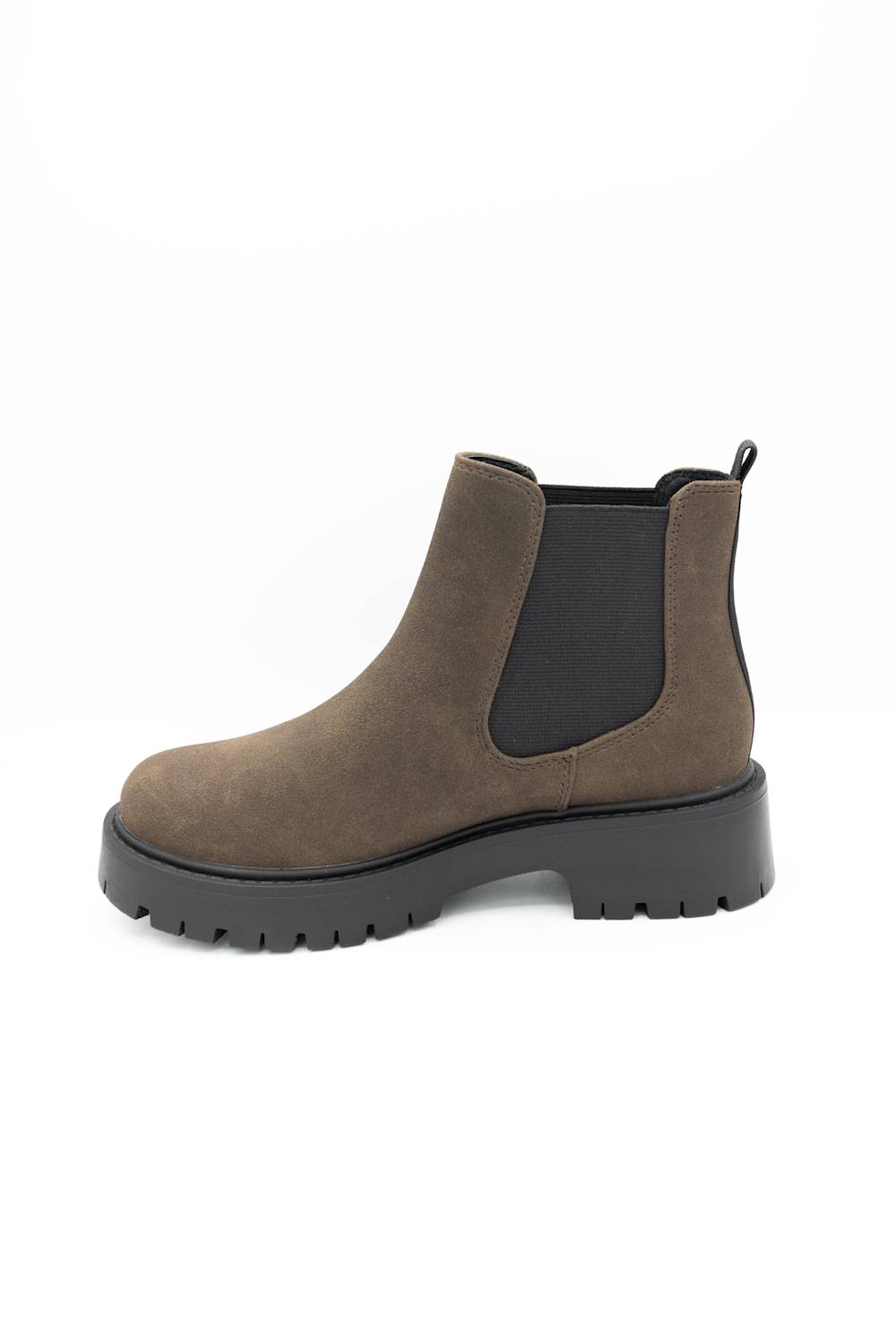 A single brown suede Chelsea boot with a black elastic side panel and a chunky black lug sole, shown from a side profile on a white background.