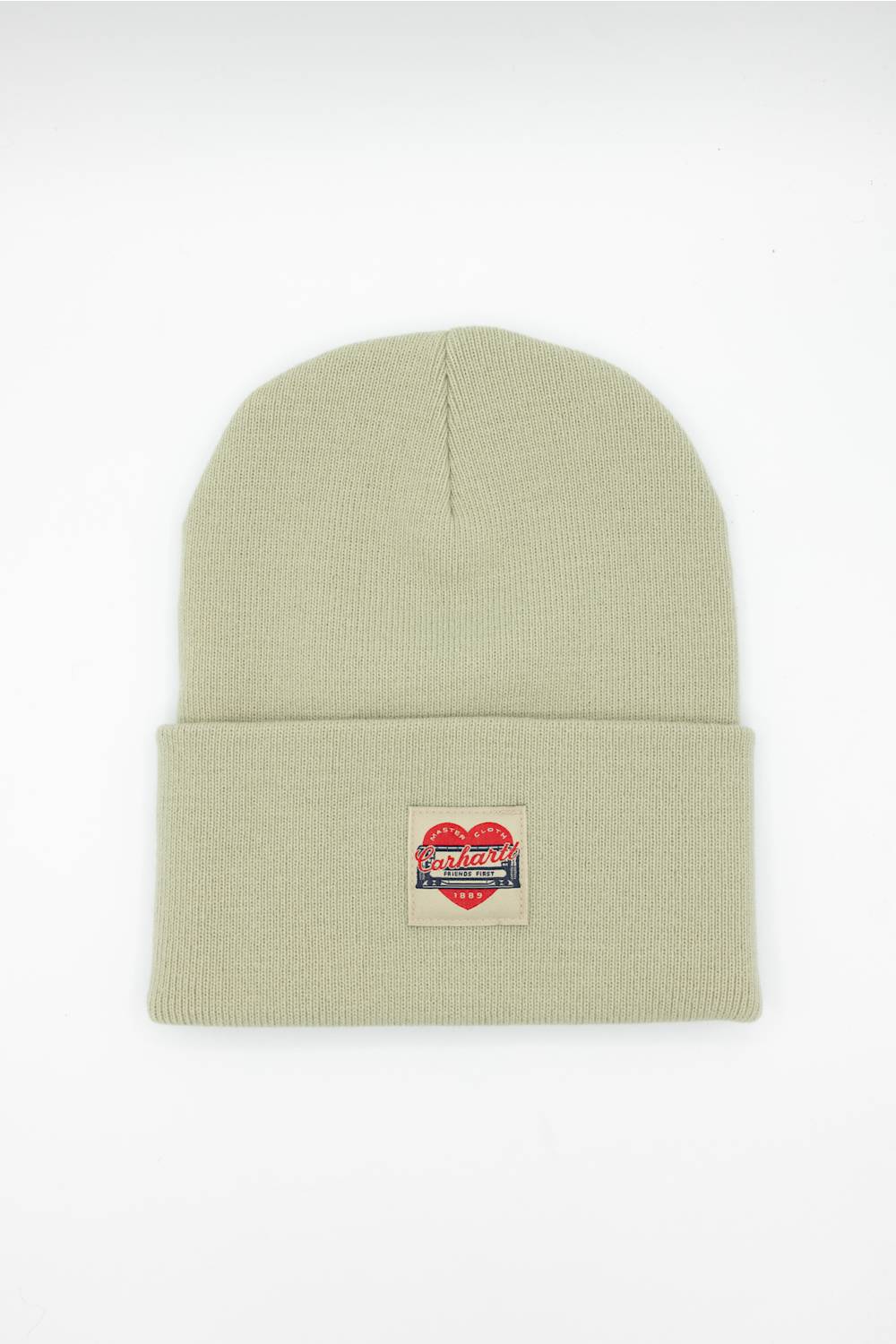 Front view of the olive green Carhartt heart patch beanie against a neutral background.