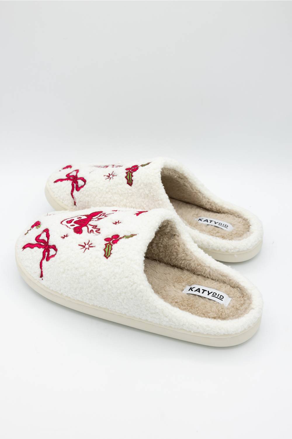 side profile of holiday themed slippers