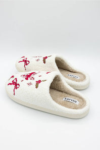 side profile of holiday themed slippers