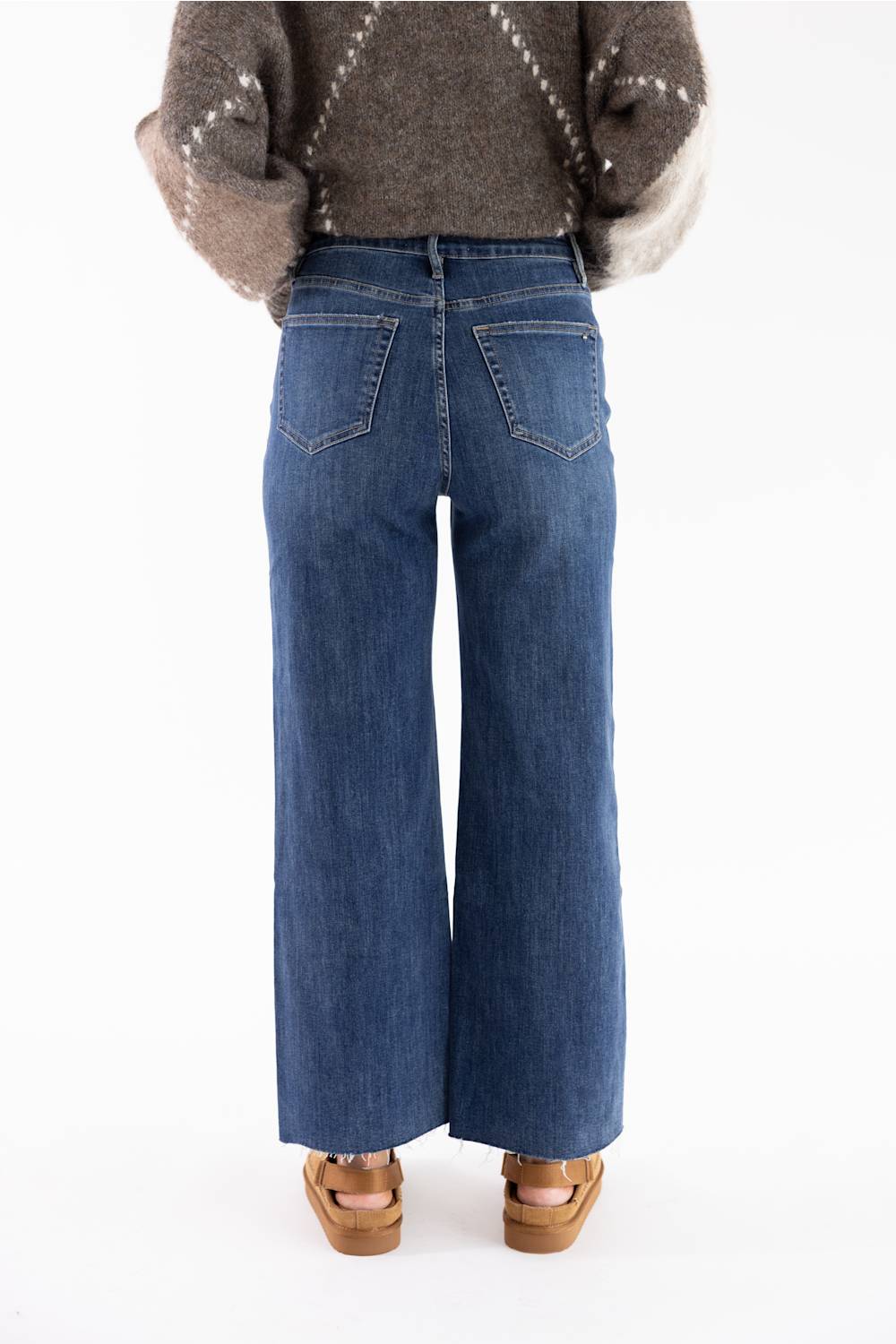 A person shown from the back wearing blue wide-leg jeans, a brown patterned knit sweater, and tan wedge sandals against a plain white studio background.