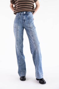 High-rise fit defining the waist with structured center seam detailing and unique pocket styling.