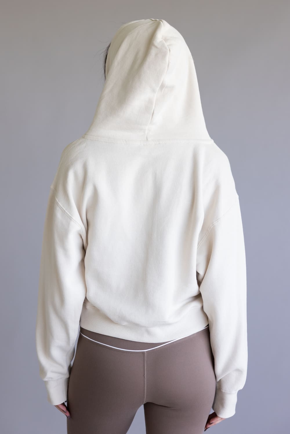 Half Zip Drawstring Fleece Hoodie for Women in Beige