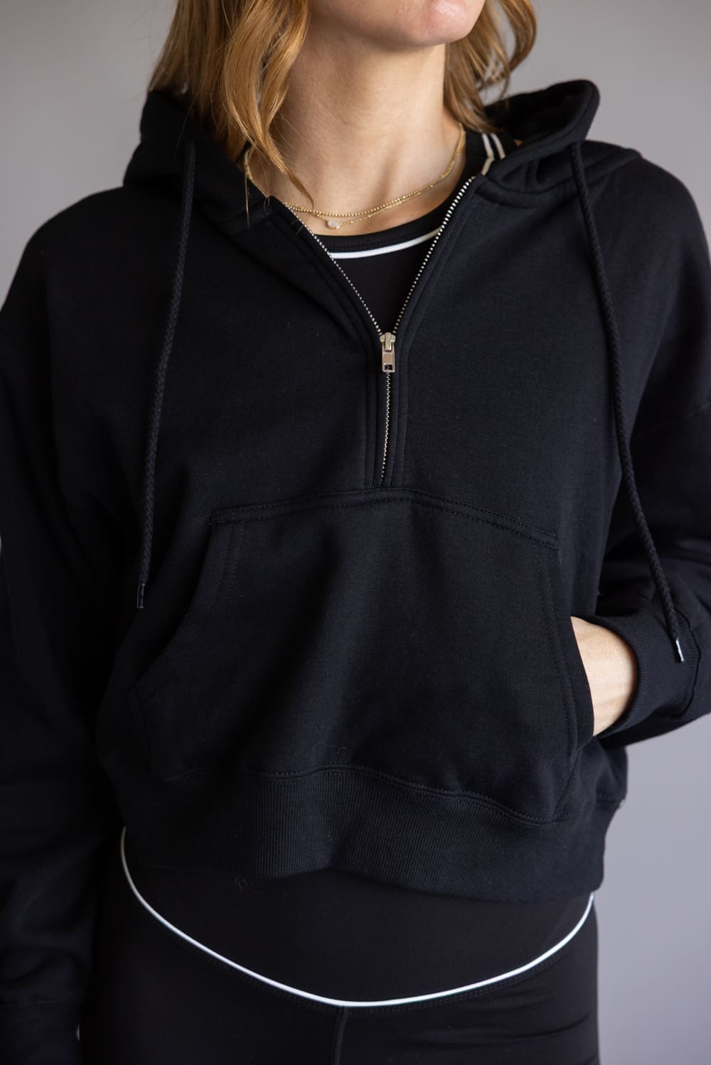Half Zip Drawstring Fleece Hoodie for Women in Black