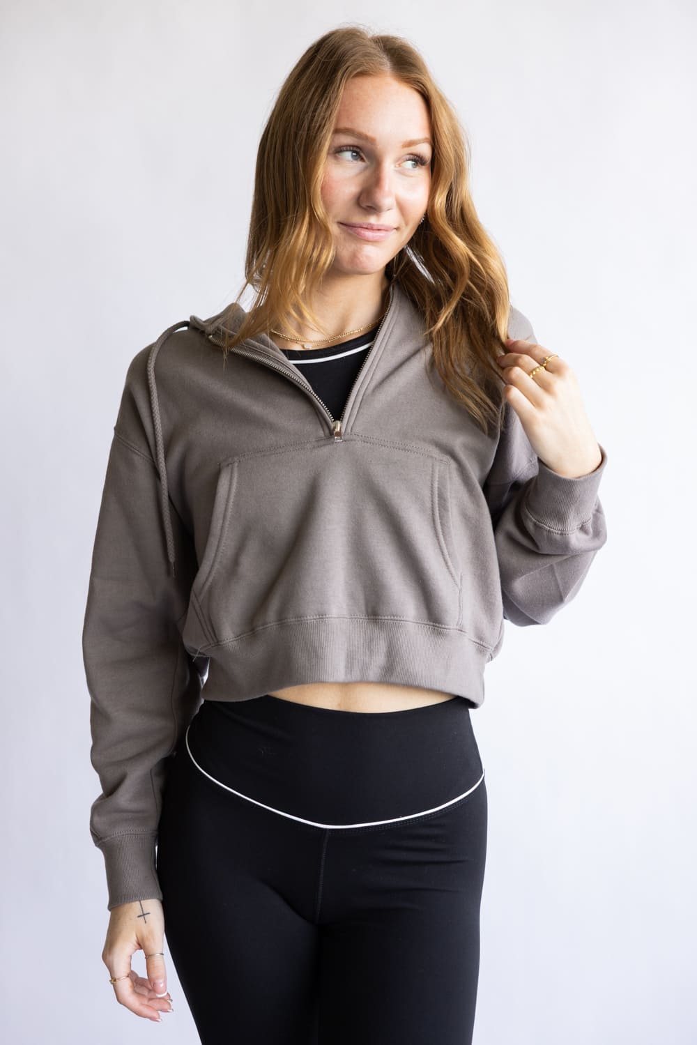 Half Zip Drawstring Fleece Hoodie for Women in Brown