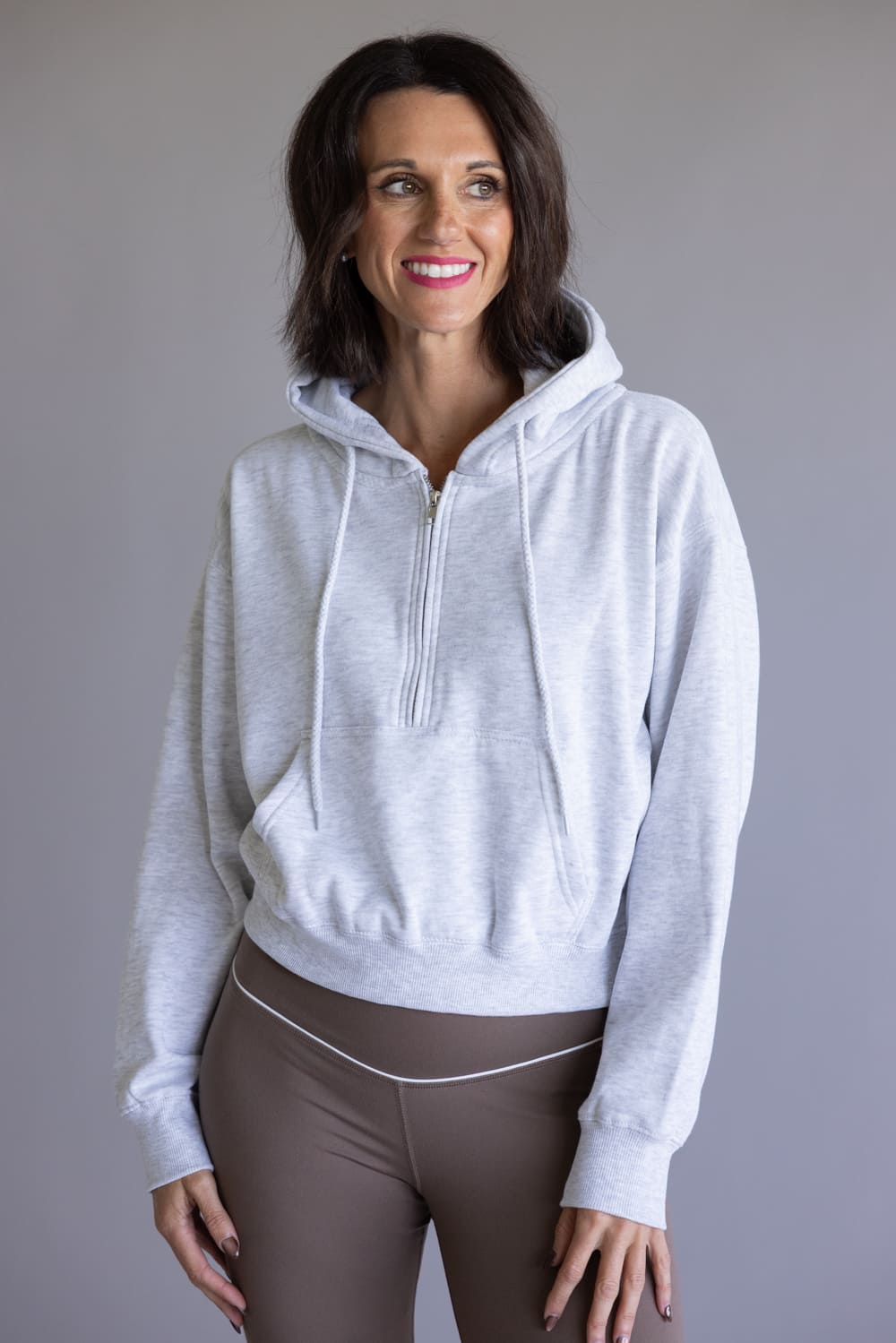 Half Zip Drawstring Fleece Hoodie for Women in Ice Grey