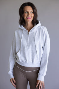Half Zip Drawstring Fleece Hoodie for Women in Ice Grey