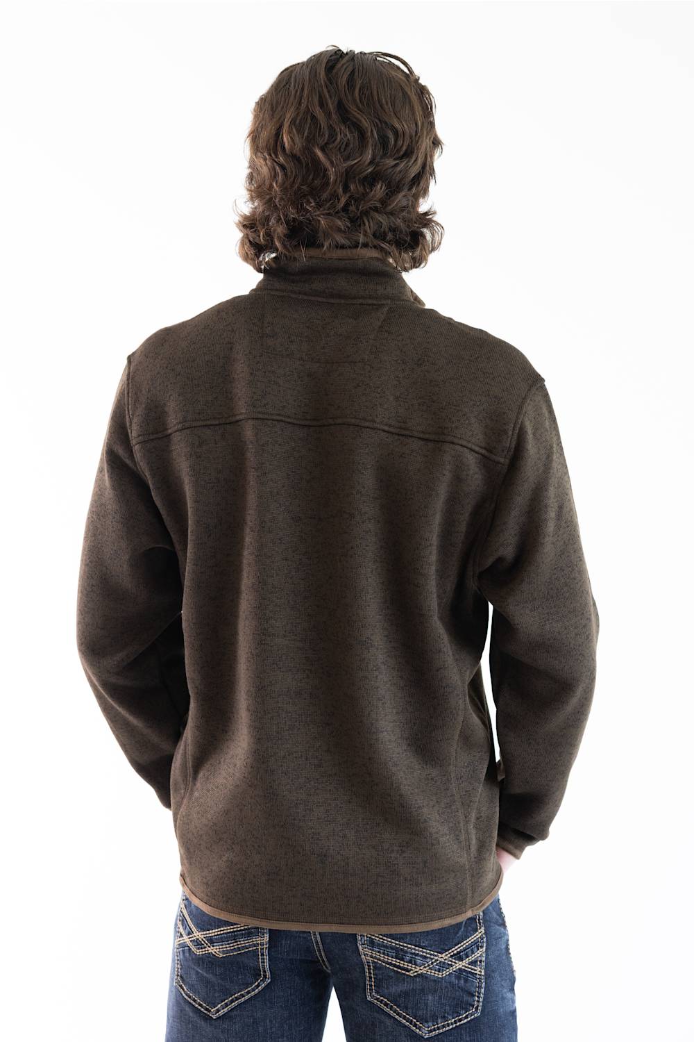 A photo of a man from the back wearing the Hallstatt Fleece Quarter Zip Pullover for Men in Heather Brown with a full zip front, knit-like material, vertical zipper pocket on the chest, and front hand pockets.