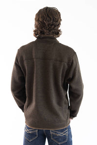 A photo of a man from the back wearing the Hallstatt Fleece Quarter Zip Pullover for Men in Heather Brown with a full zip front, knit-like material, vertical zipper pocket on the chest, and front hand pockets.