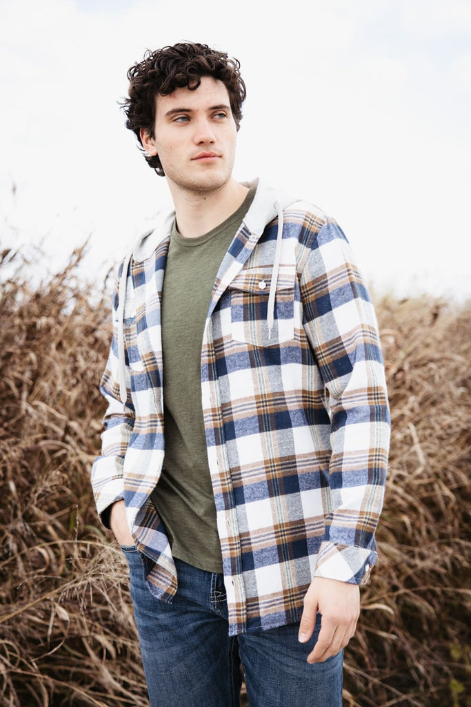 Hooded Plaid Flannel Shirt for Men in Ecru | TQ8299GL-ECRU