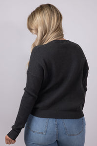 Drop Shoulder Waffle Sweater for Women in Heather Charcoal