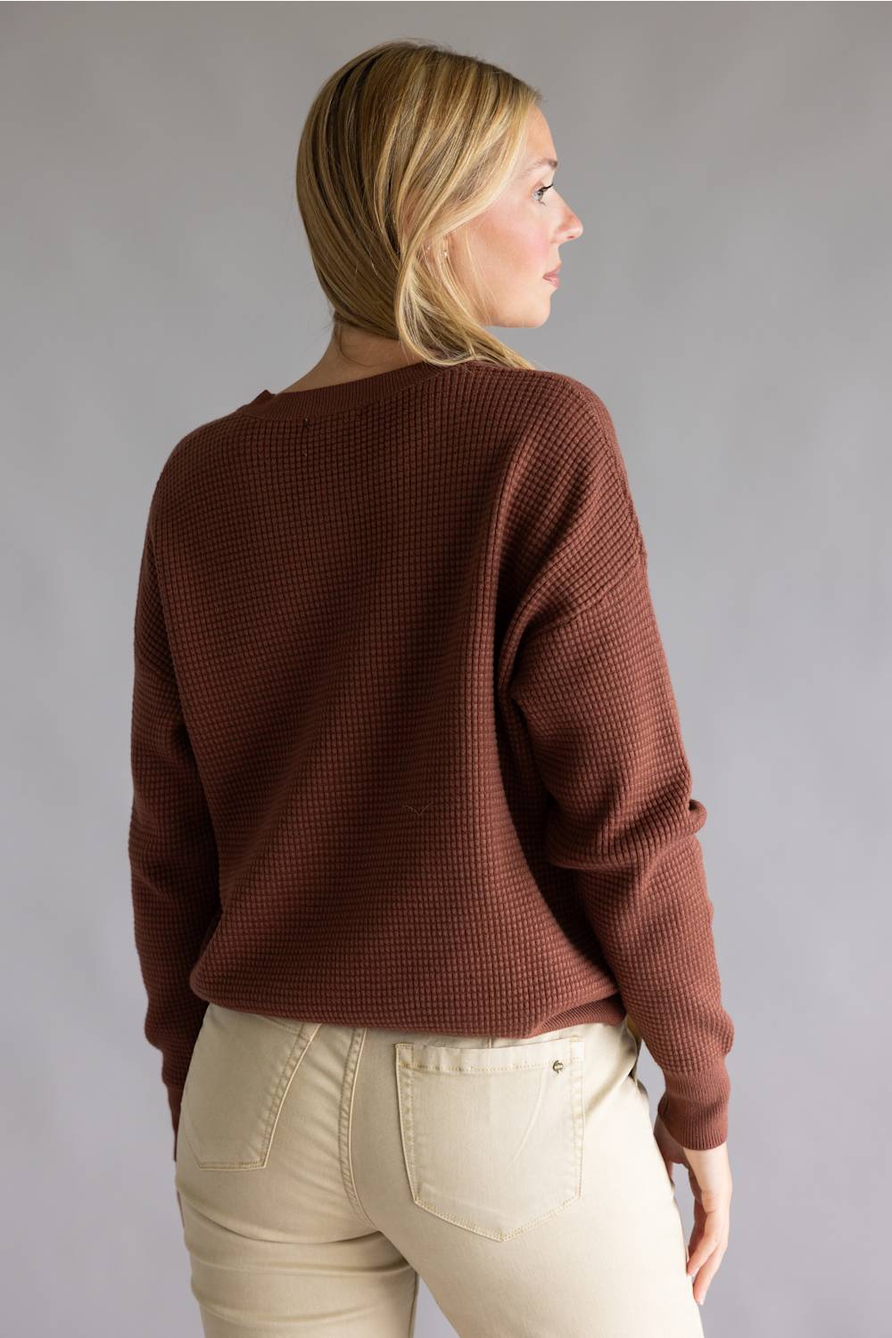 Tea N Rose Drop Shoulder Waffle Sweater for Women in Puce