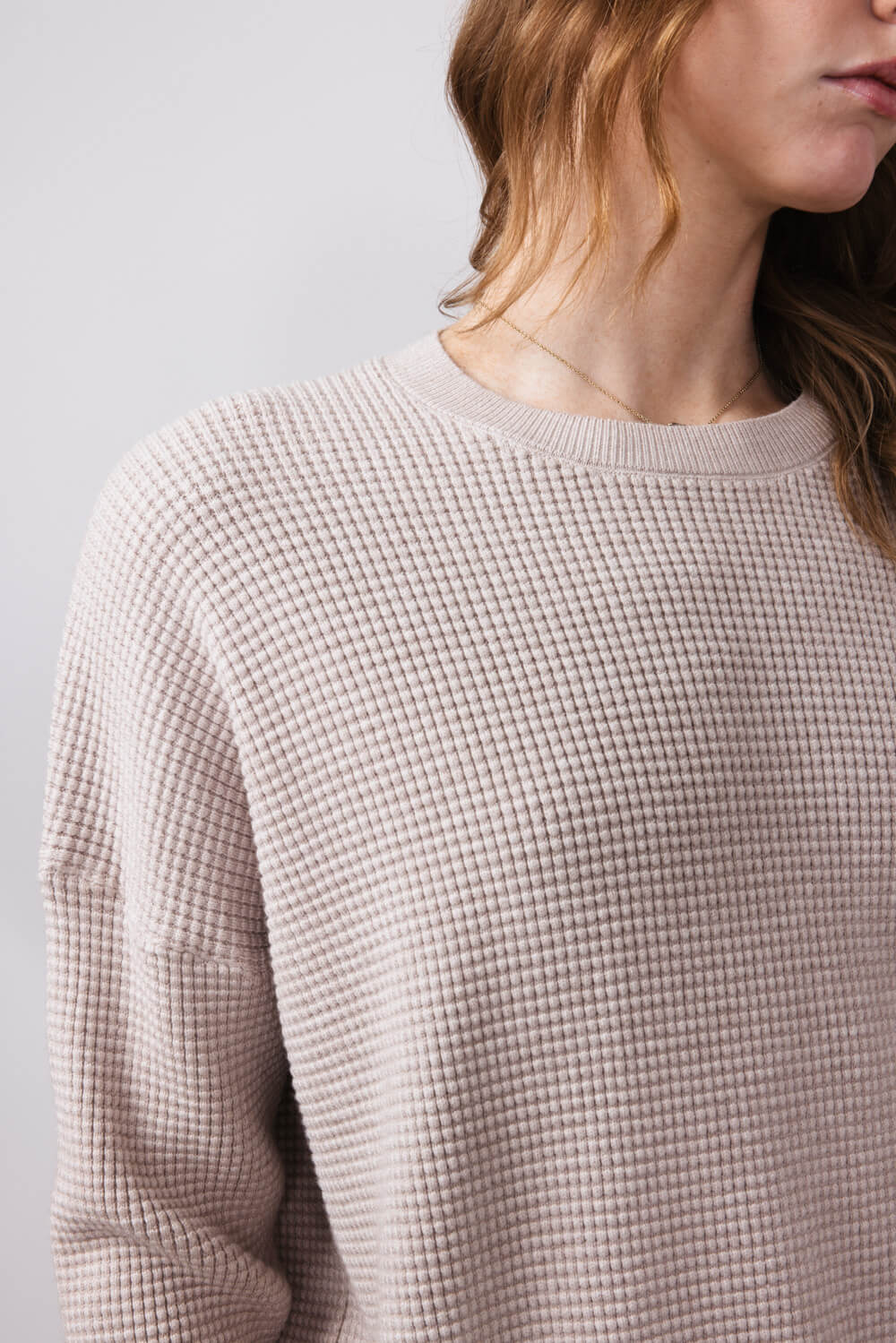 Drop Shoulder Waffle Sweater for Women in Stone